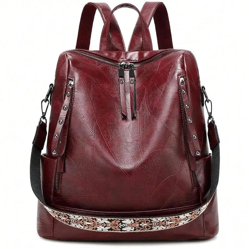 Vegan Leather Backpack For Women With Rivet Decoration And Floral Pattern-5