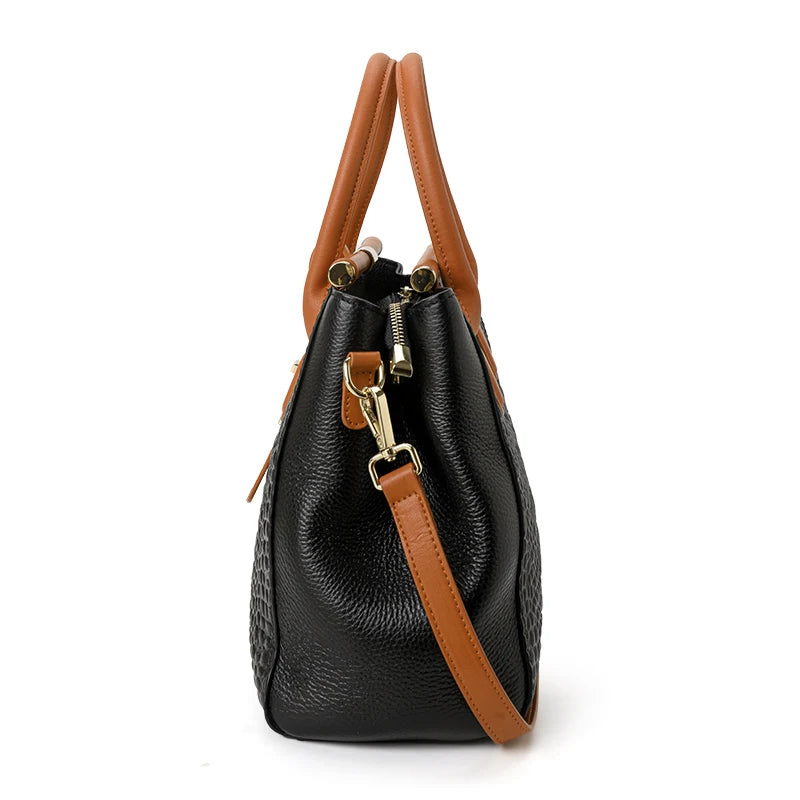 New Croc Pattern Cowhide Tote Bag Women Brown Contrast Handle Metal Lock Adjustable Crossbody Daily Handbag-4