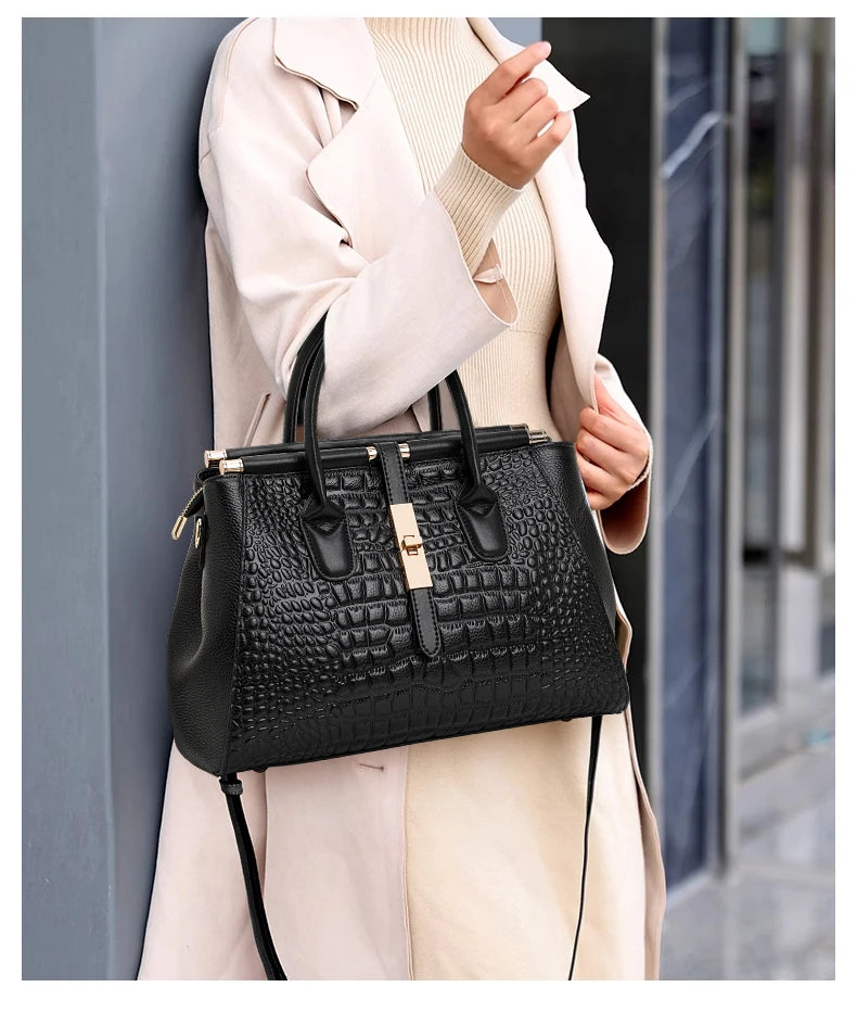 Classic Black Croc Print Cow Leather Handbag Ladies Metal Twist Lock Tote Bag With Detachable Crossbody Shoulder Strap-9