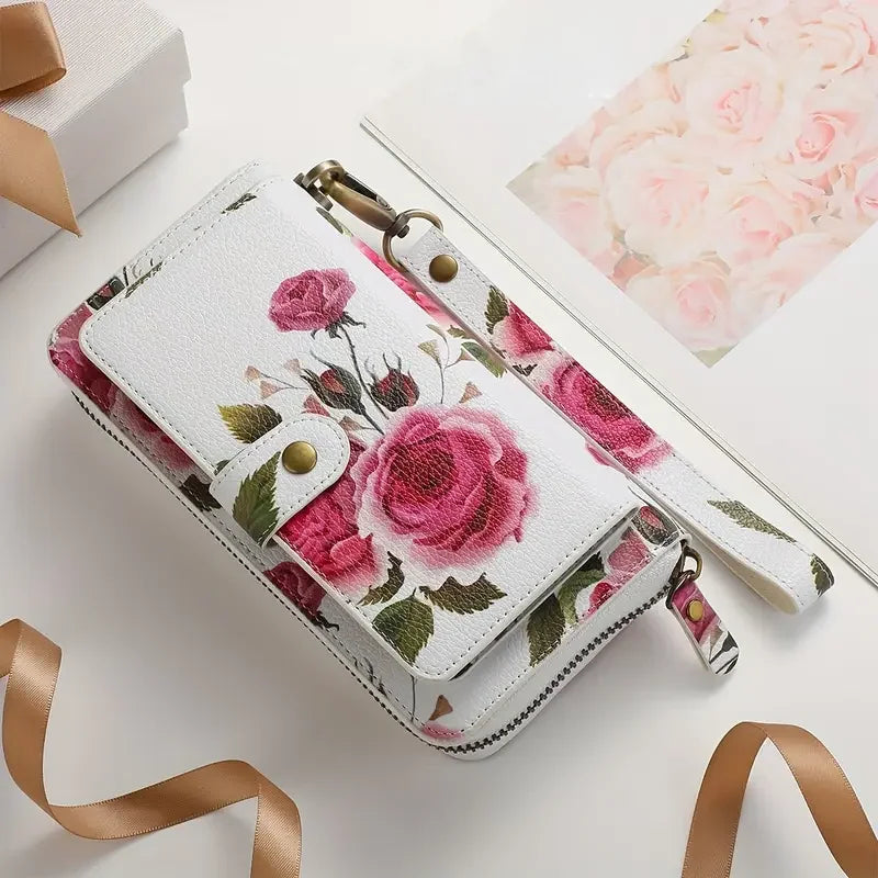 Elegant Floral PU Leather Clutch Wallets for Women- Zipper Handbag Fashion Large Capacity Long Wallet Clutch Bag Phone Bag Multi-card Card Holder Coin Purse for Women Wallet Set Includes bow accessory-11