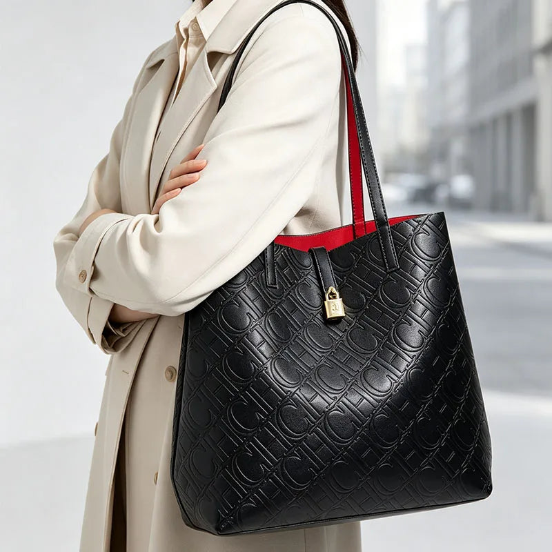 CH Women Shoulder Bag Black Large Tote Bag Embossed Pattern Fashion Handbag PU Leather Top Handle Purse Casual Daily Work Travel Bag