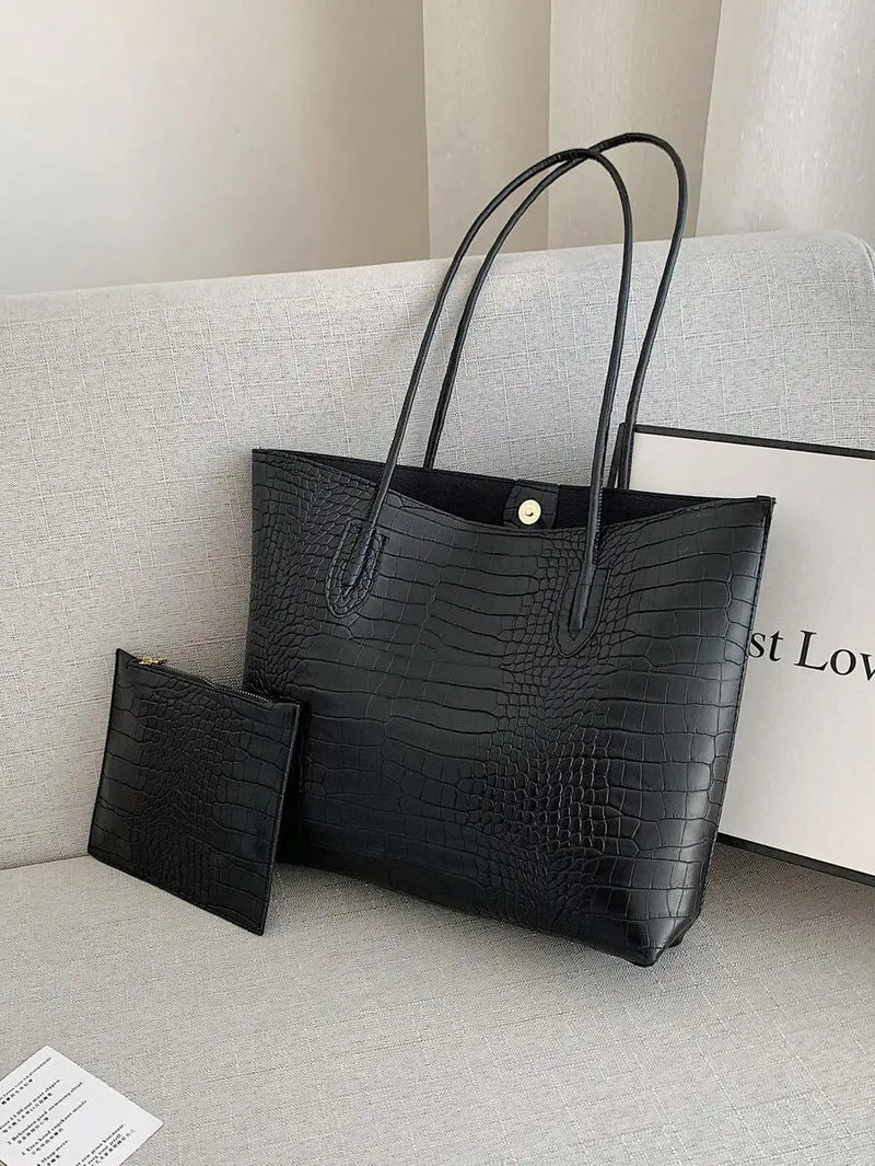 Lightweight Crocodile Embossed Tote Bag With Zipper Coin Purse For Women Business Casual Use-14