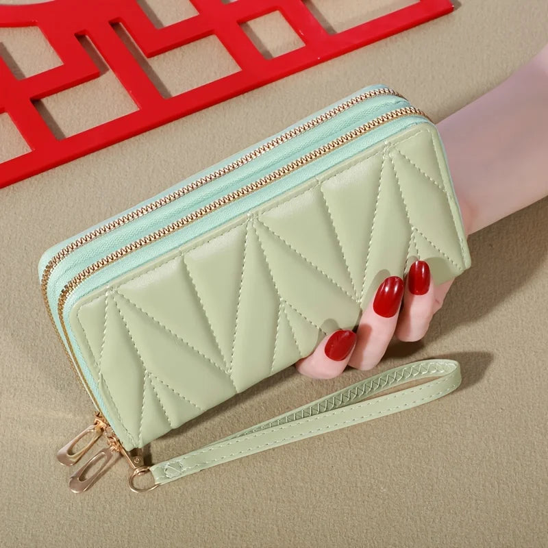 Classic Ladies Double Zip Long Wallet, Casual Style, Faux Leather, Card Holder and Change Bag, Nylon Lined, Zip Pocket-6