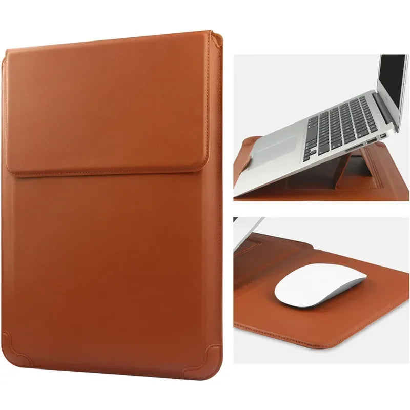 Portable Leather Laptop Sleeve Case Bag for Macbook Air 12 13 14 15 16 Inch M5 M4 M3 M2 Chip Mac Adjustable Stand Cover