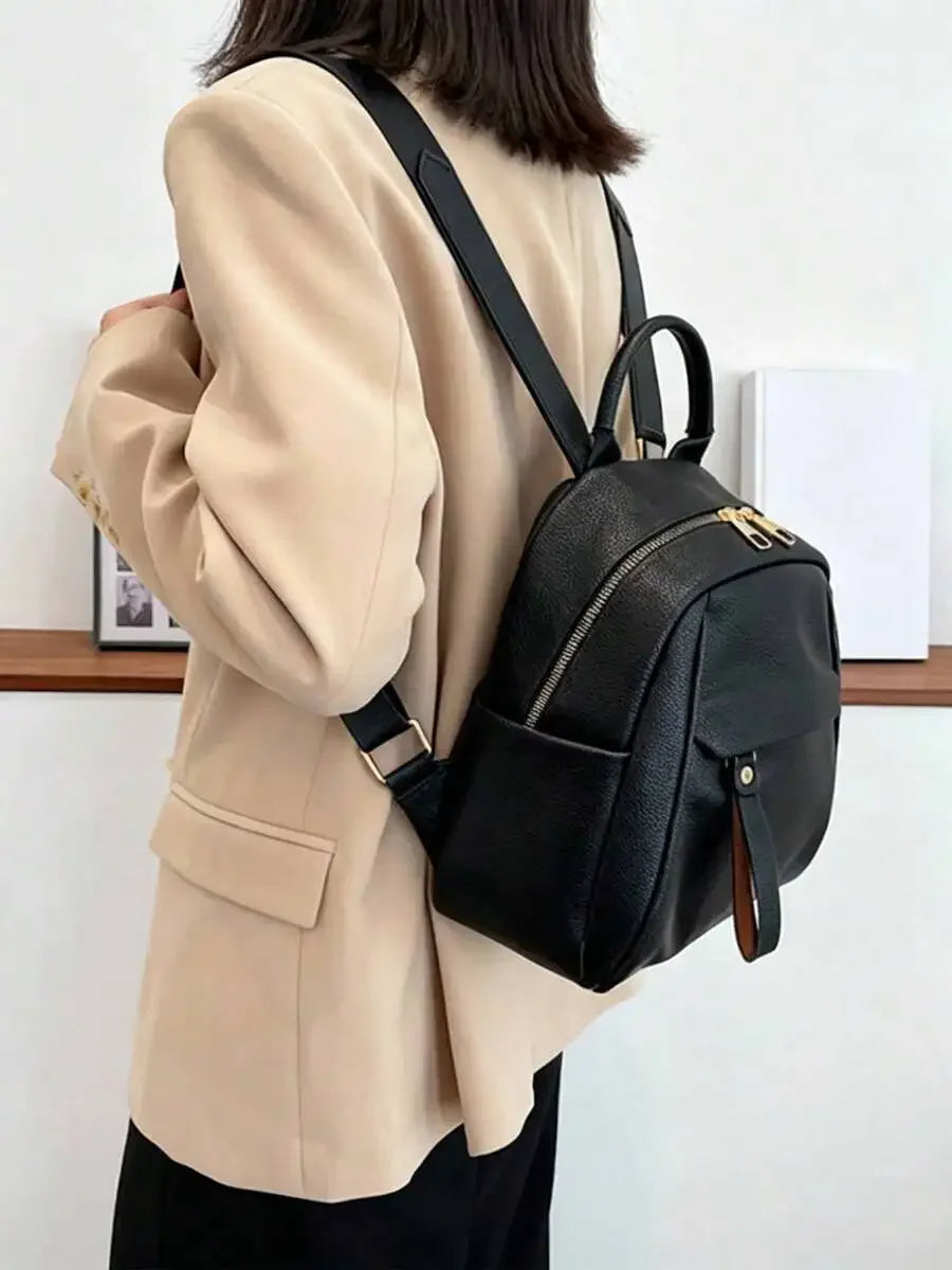 Womens Small PU Leather Backpack With Zipper Closure Top Handle Multi Pocket Daily Travel Bag-1