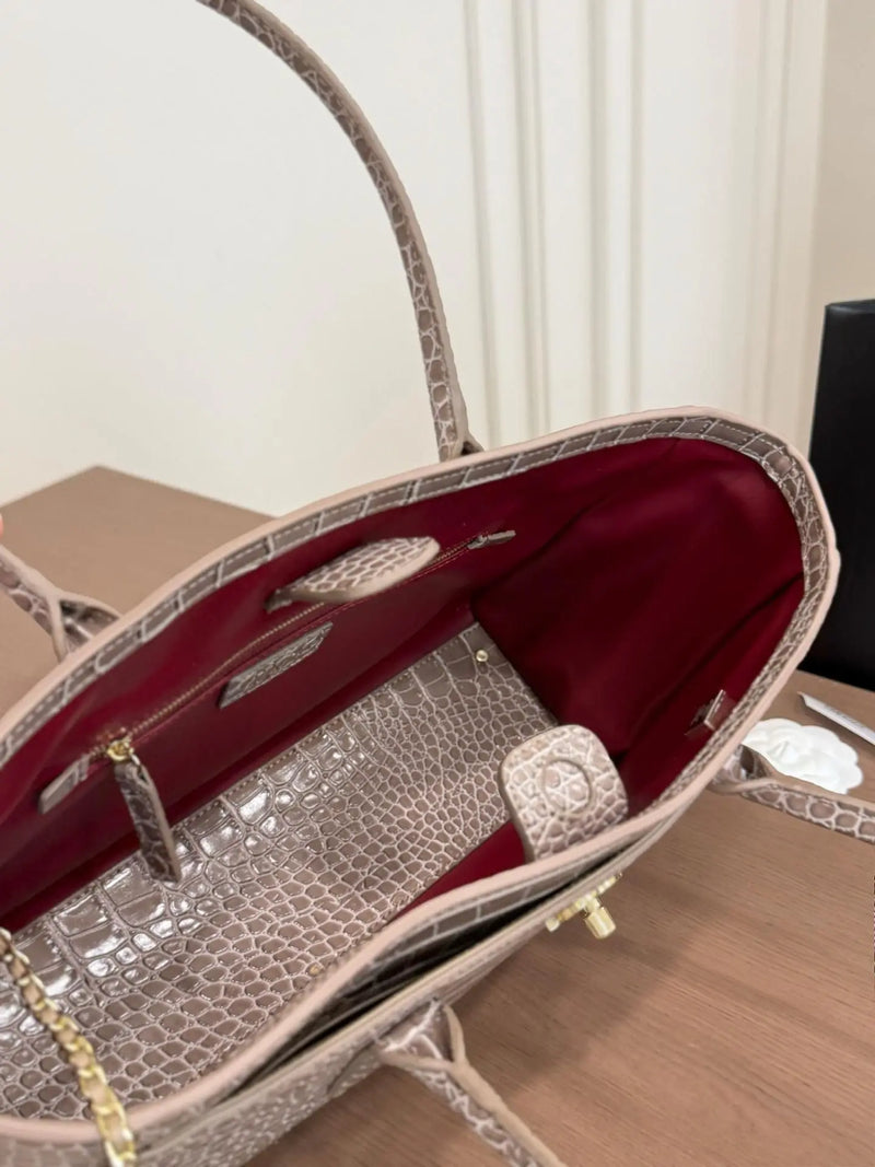 Light Grey Croc Embossed Leather Tote Bag, Large Capacity Handbag with Top Handles & Gold Chain Charm, Luxury Designer Inspired Office Shoulder Bag-4