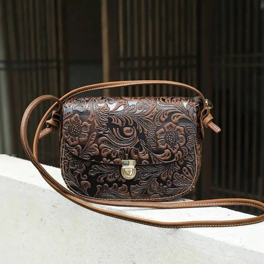 Vintage Crazy Horse Leather Shoulder Crossbody Bag, Leather Saddle Bag, Cell Phone Bag, Embossed Craftsmanship-7