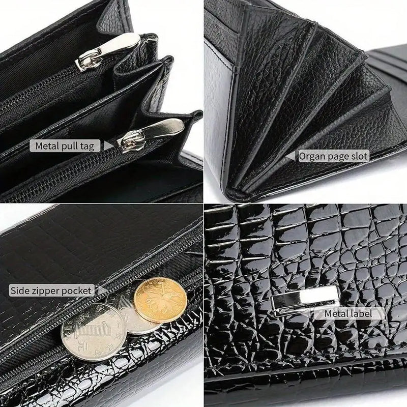 New Shiny Leather Cowhide Wallet Women's Long Leather Money Clip Bag, Evening Bag-6