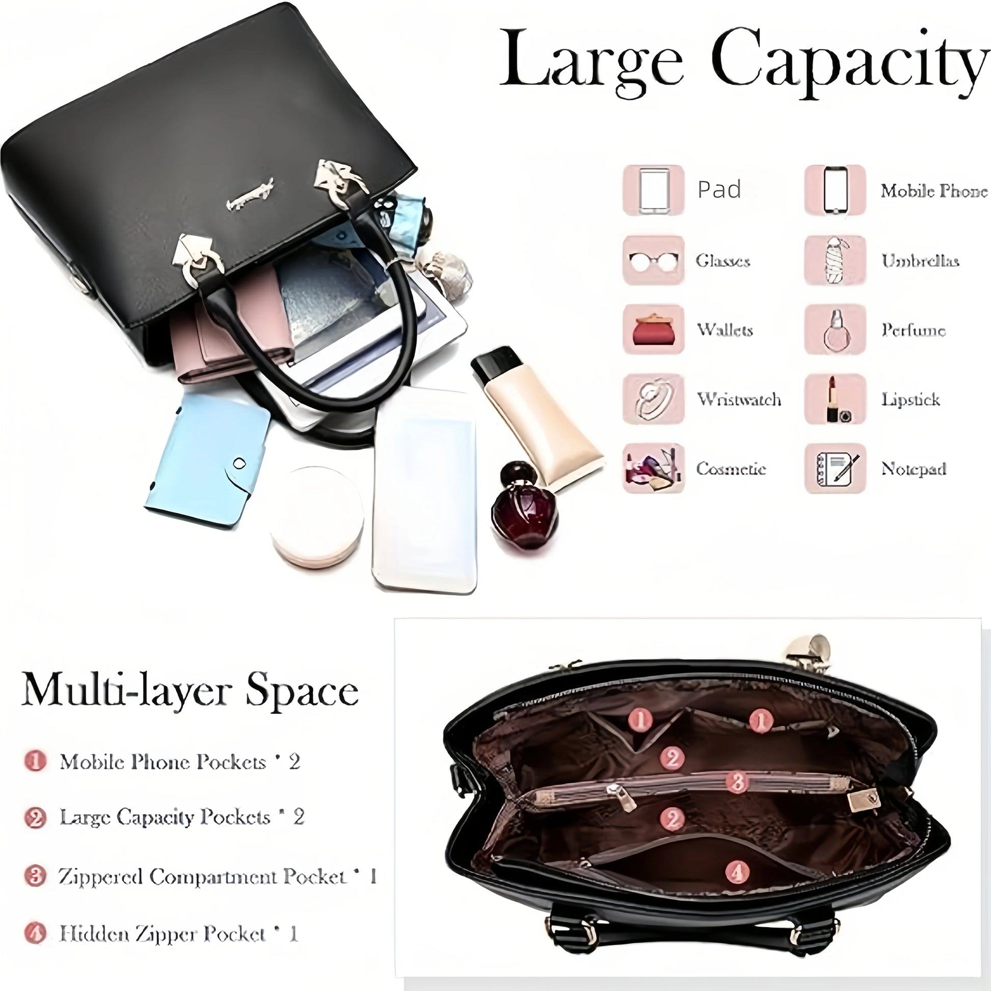2Pcs Women Handbag Set Elegant Black PU Leather Large Capacity Tote Handbag Designer Small Crossbody Messenger Bag Ladies Wedding Party Shoulder Bags Gift For Women-5