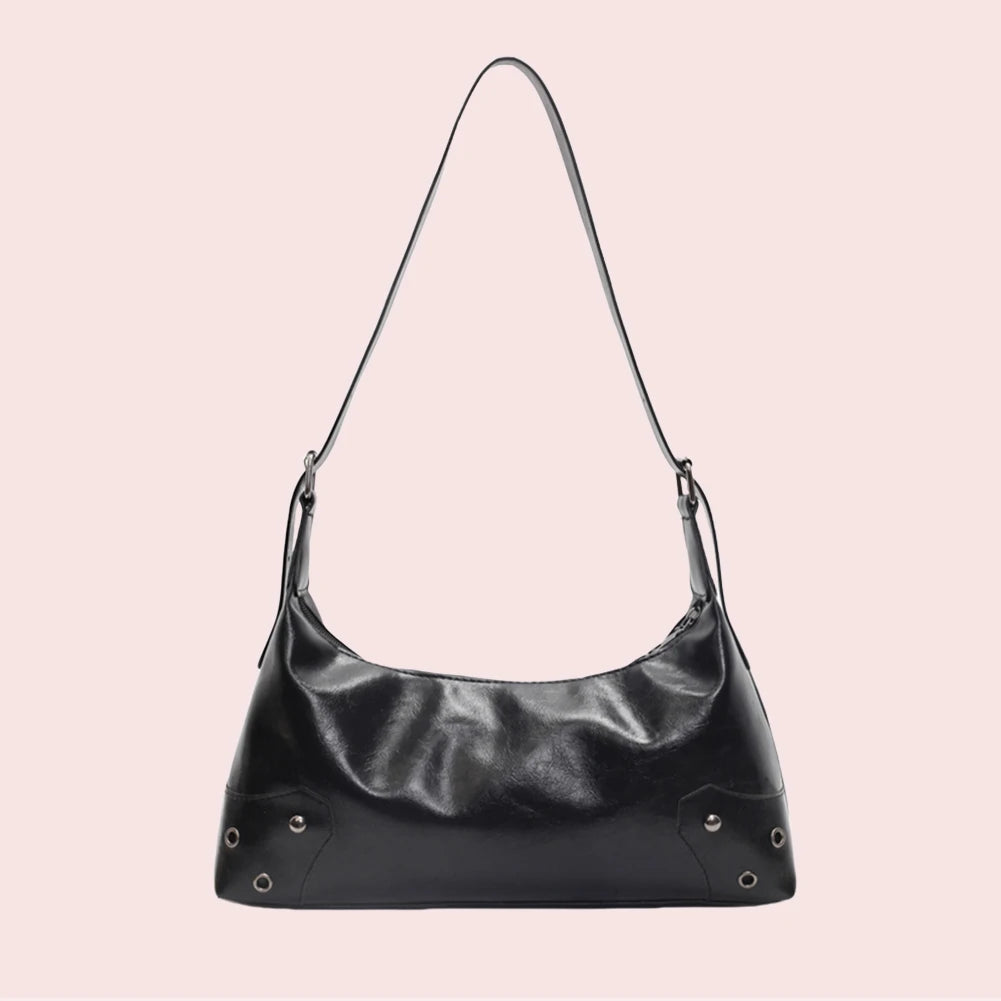 Women Retro Rivet Shoulder Bag PU Leather Fashion Underarm Bag Large Capacity Soft Leather Armpit Bag Female Travel Handbag-3