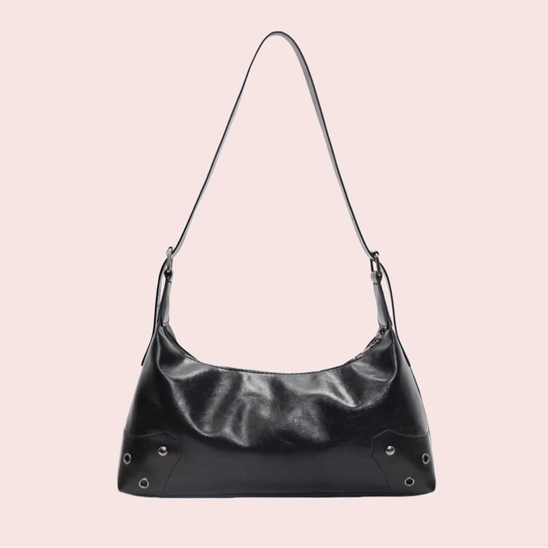 Women Retro Rivet Shoulder Bag PU Leather Fashion Underarm Bag Large Capacity Soft Leather Armpit Bag Female Travel Handbag-3