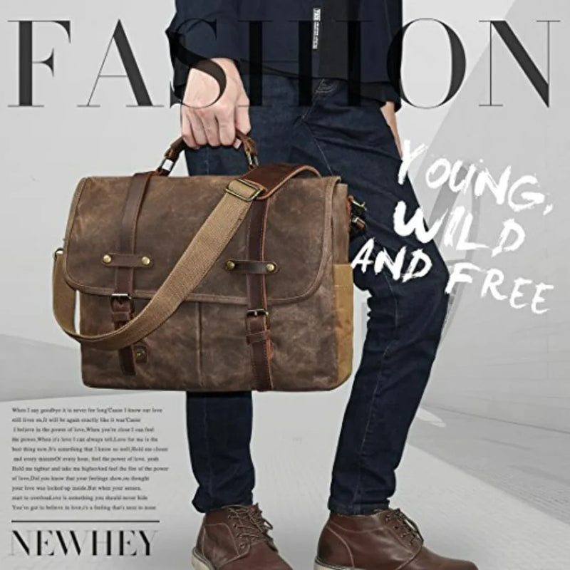 Mens Messenger Bag 15.6 Inch Waterproof Vintage Genuine Leather Waxed Canvas Briefcase Large Leather Computer Laptop Bag Rugged-5