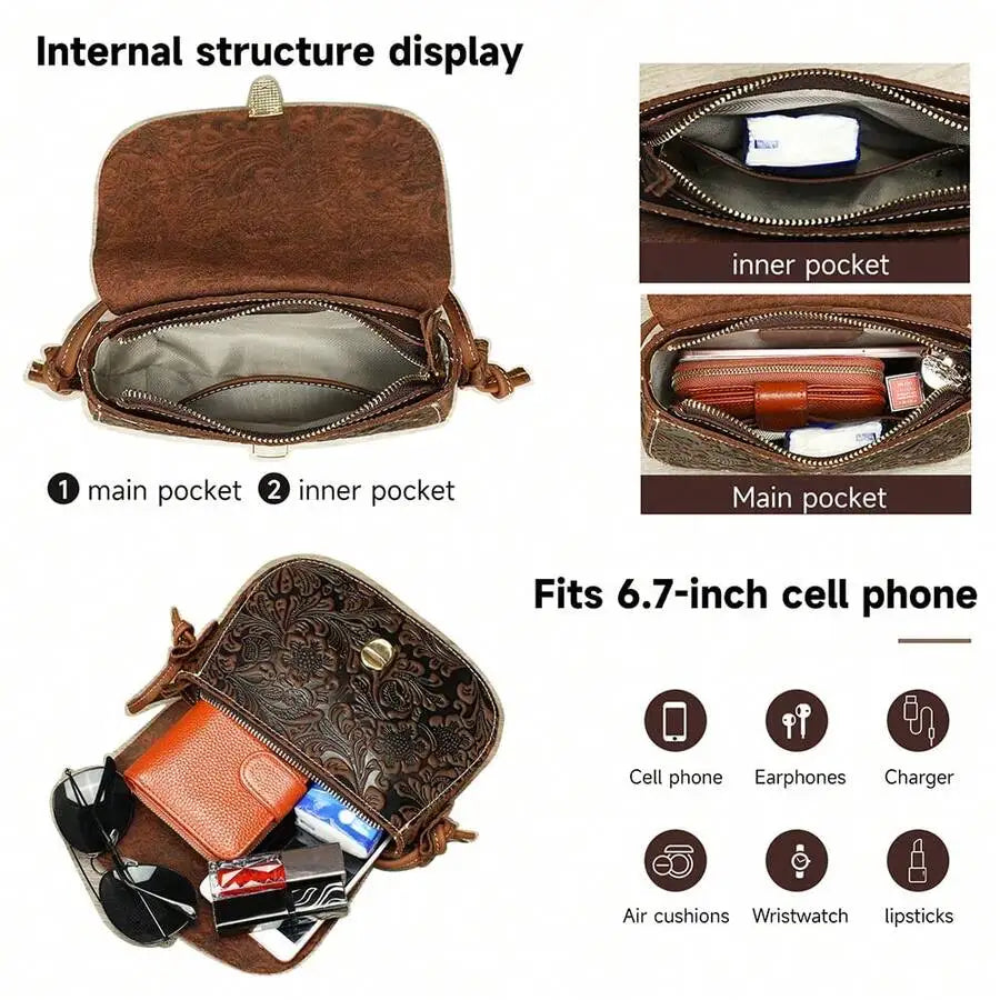 Vintage Crazy Horse Leather Shoulder Crossbody Bag, Leather Saddle Bag, Cell Phone Bag, Embossed Craftsmanship-5