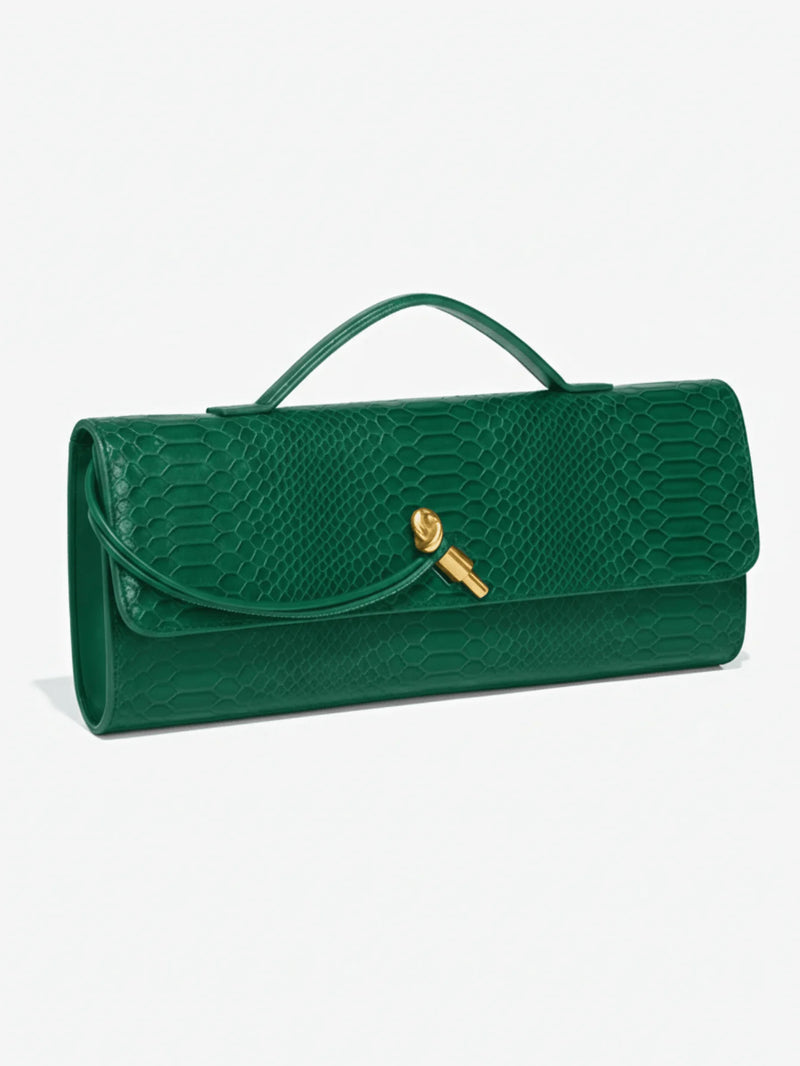 Elegant Top Handle Clutch Bag With Serpentine Pattern And Gold Tone Hardware-1