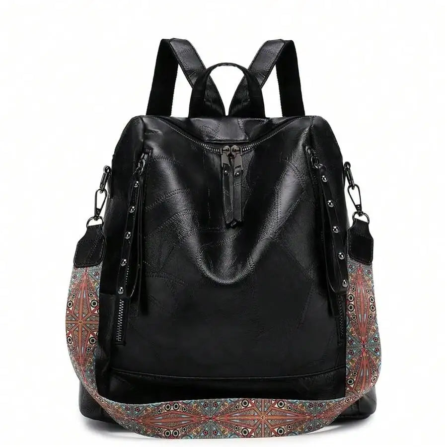 Vegan Leather Backpack For Women With Rivet Decoration And Floral Pattern-10