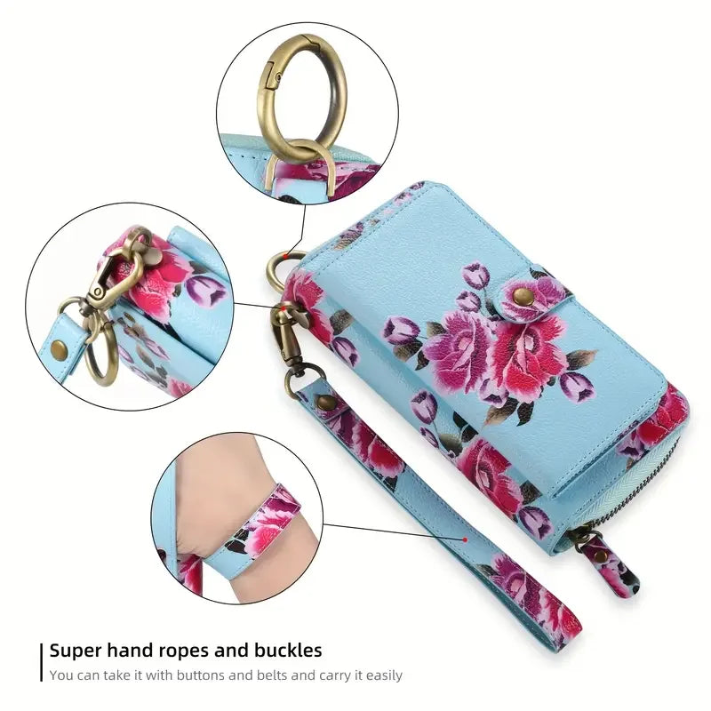 Elegant Floral PU Leather Clutch Wallets for Women- Zipper Handbag Fashion Large Capacity Long Wallet Clutch Bag Phone Bag Multi-card Card Holder Coin Purse for Women Wallet Set Includes bow accessory-6