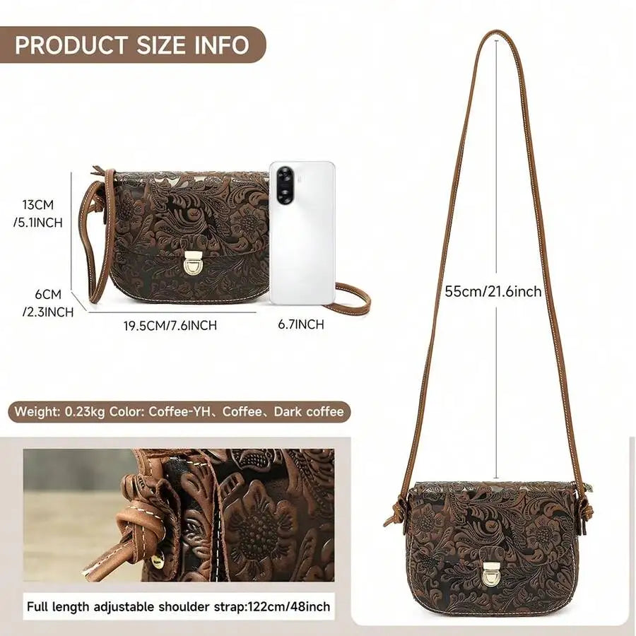 Vintage Crazy Horse Leather Shoulder Crossbody Bag, Leather Saddle Bag, Cell Phone Bag, Embossed Craftsmanship-4