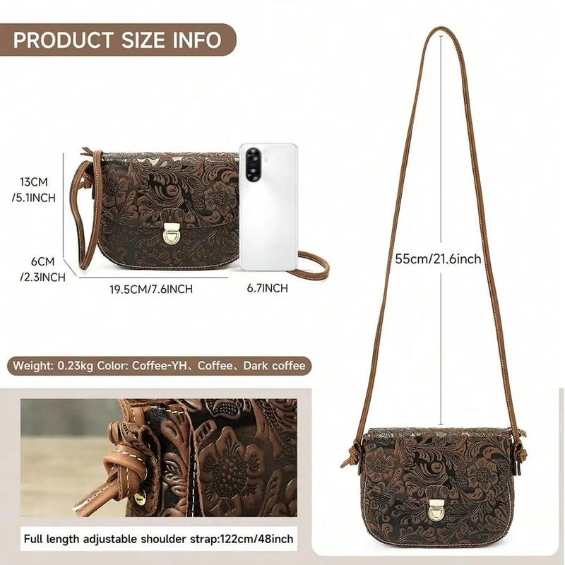 Vintage Crazy Horse Leather Shoulder Crossbody Bag, Leather Saddle Bag, Cell Phone Bag, Embossed Craftsmanship-4