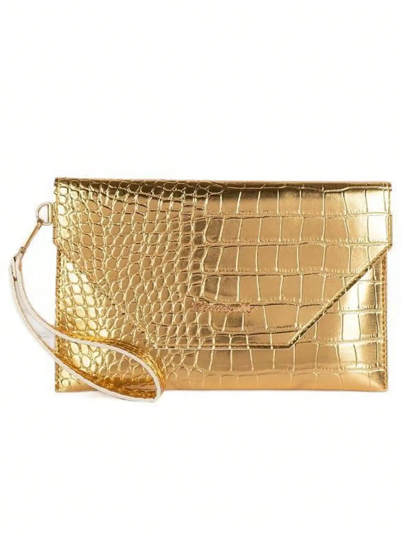 Gold Crocodile Texture Envelope Clutch for Women, Shiny Metal Bar Shoulder Strap, Fits Phones & Coins, Great for Dates, Commutes, Beach, Weddings & Parties-2