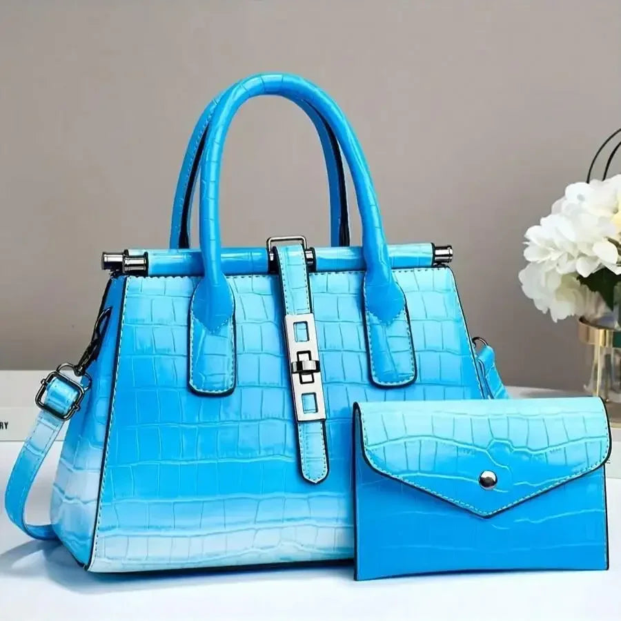 Gradient Purple Pink Crocodile Pattern Women Handbag With Flap Wallet Set-2