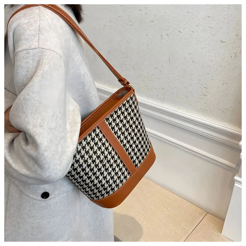 Houndstooth bucket shoulder bag with brown leather trim, adjustable shoulder strap, large-capacity vintage women's tote handbag.-7
