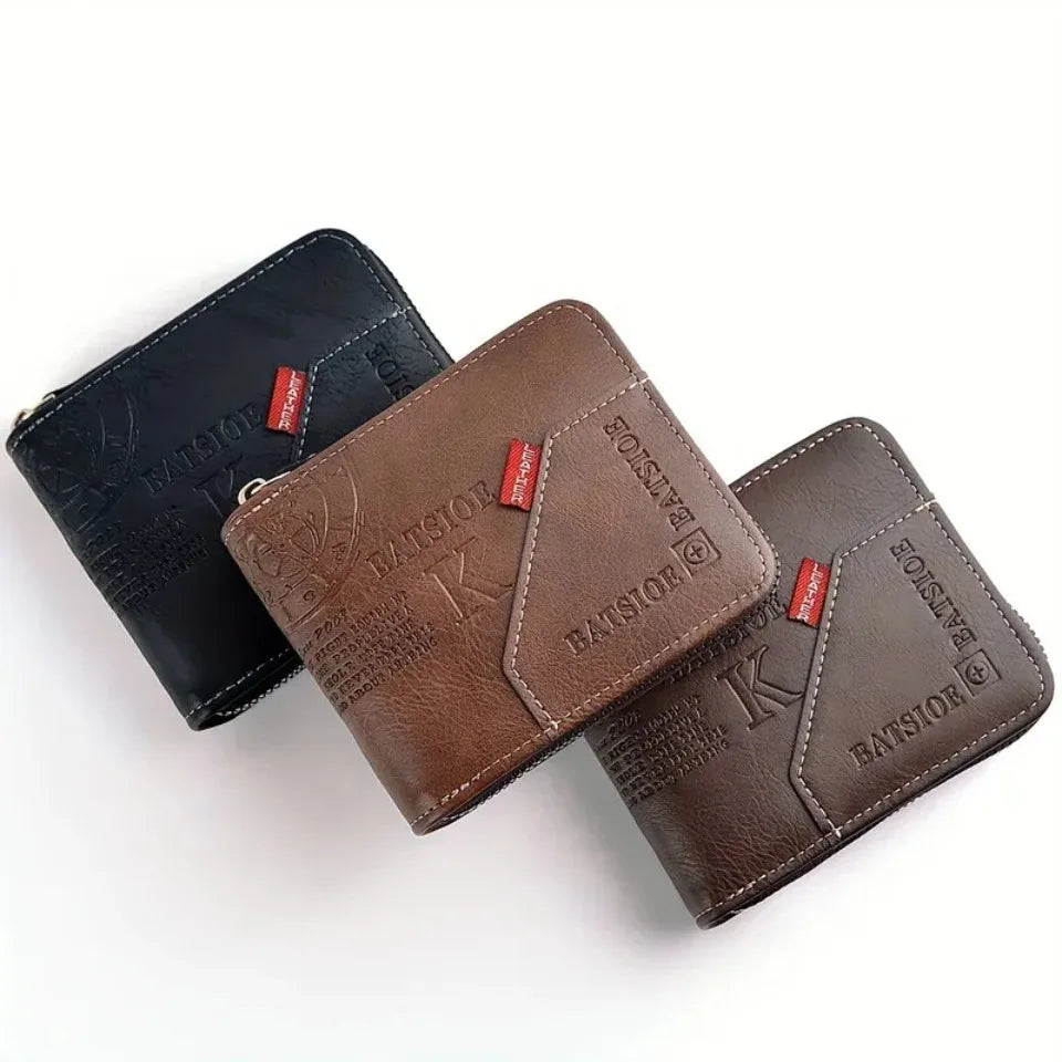 Men's Trendy Splicing Fashion PU Retro Wax Oil Leather Short Style Wallet Coin Pocket Card Clip Retro Style Compact Money Holder-1