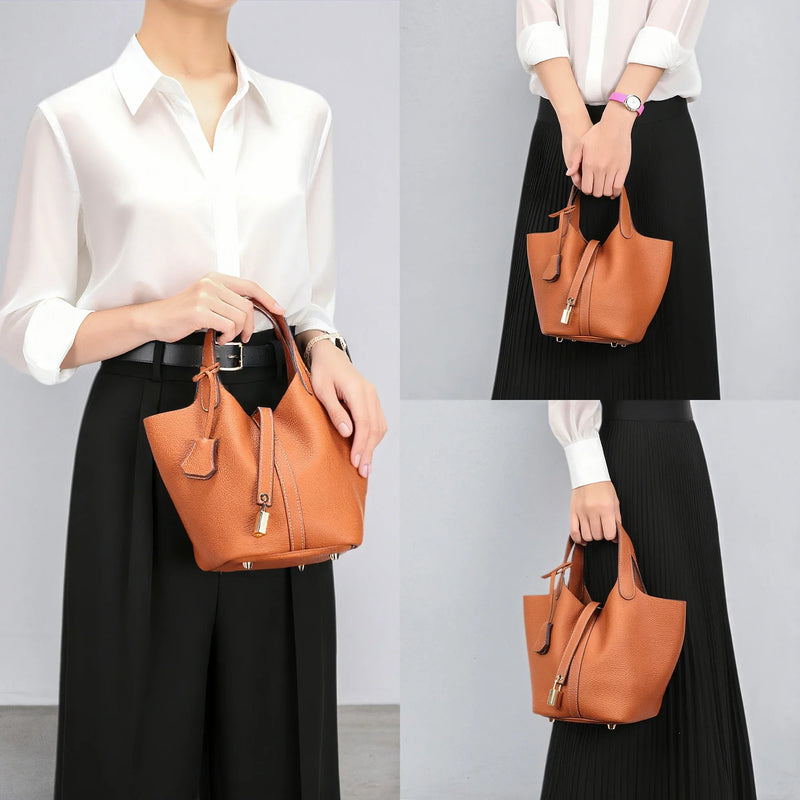 2025 Casual Fashion Female Genuine Leather Bucket Bag Luxury Handbag High-End Tote Bag Woman Cow Leather Mommy Bag & Metal Lock-5