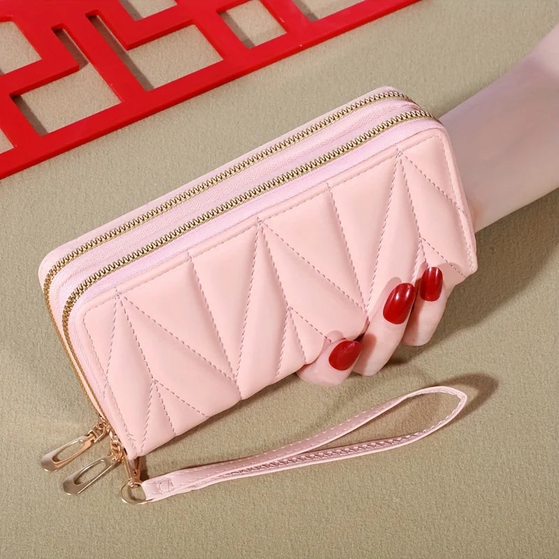 Classic Ladies Double Zip Long Wallet, Casual Style, Faux Leather, Card Holder and Change Bag, Nylon Lined, Zip Pocket-10