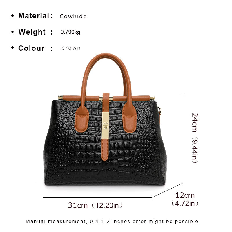 New Croc Pattern Cowhide Tote Bag Women Brown Contrast Handle Metal Lock Adjustable Crossbody Daily Handbag-6
