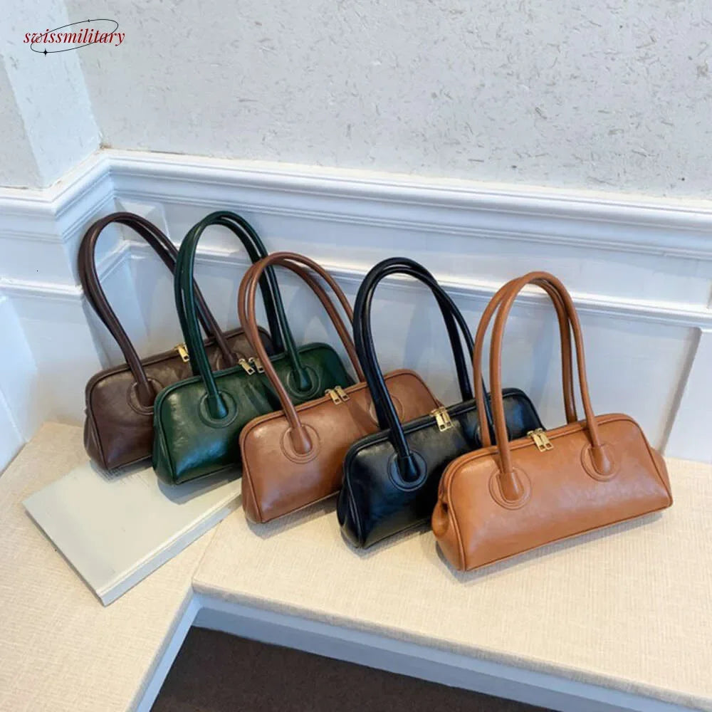 2025 New Boston Pillow Tote Women Real Leather Retro Bowling Bag Designer Handbag Large Capacity Crossbody Bags #54-2