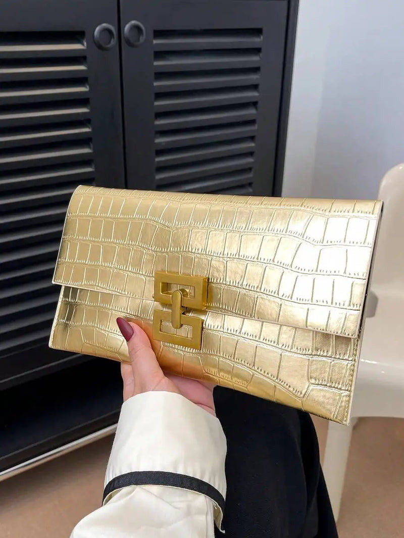 Red Crocodile Texture Clutch Bag With Gold Tone Lock Closure For Evening Party-4