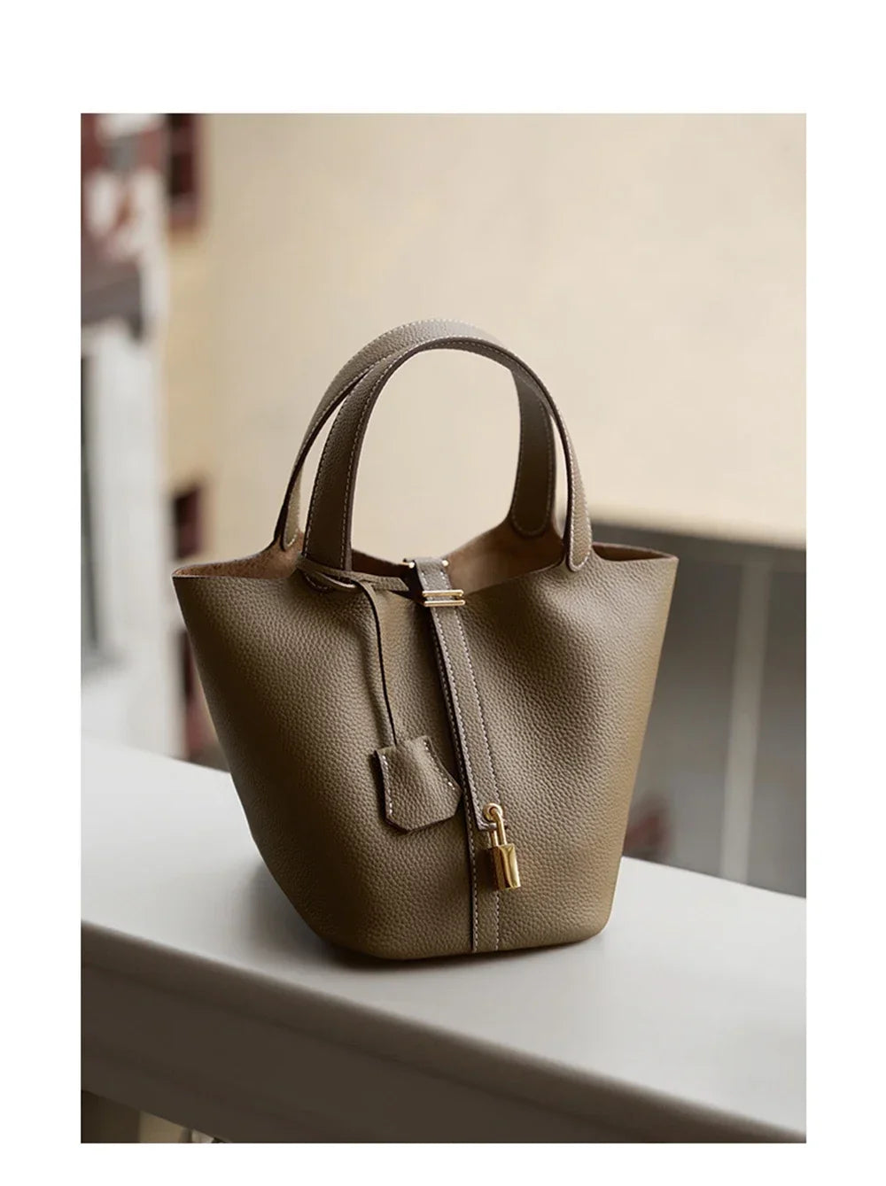 2025 Casual Fashion Female Genuine Leather Bucket Bag Luxury Handbag High-End Tote Bag Woman Cow Leather Mommy Bag & Metal Lock-12