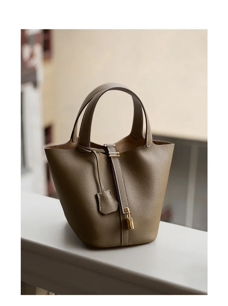 2025 Casual Fashion Female Genuine Leather Bucket Bag Luxury Handbag High-End Tote Bag Woman Cow Leather Mommy Bag & Metal Lock-12