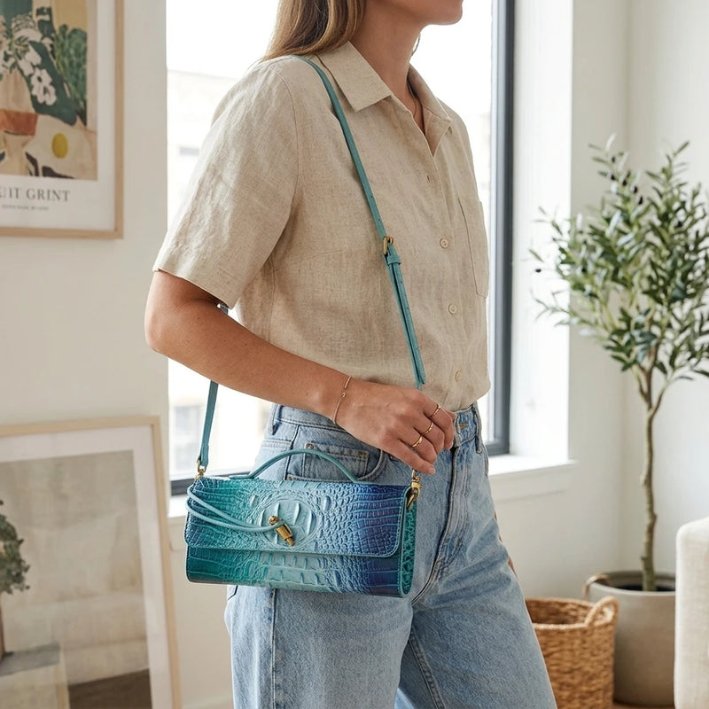 Crocodile Embossed Rectangular Clutch Handbag with Top Handle & Detachable Crossbody Strap, Twist Lock Flap Shoulder Bag for Outdoor Camping Beach Travel Wedding Occasions, Large Capacity Portable Shoulder Purse Holding Smart-10