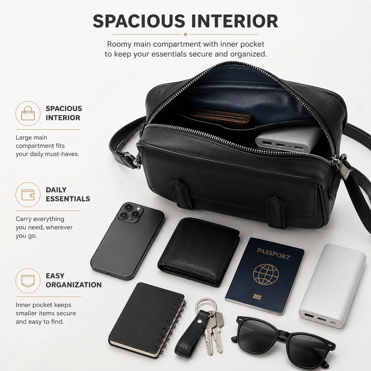 Luxury Men Messenger Bag Designer Smooth Leather Crossbody Shoulder Bag Flap Satchel Business Casual Purse High Quality Classic Black-4