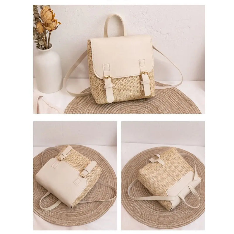 Fashion PU Leather Straw Backpack Retro Design Elegant Look Woven Backpack Luxury Vintage Style Satchel Bag All-match Style-13