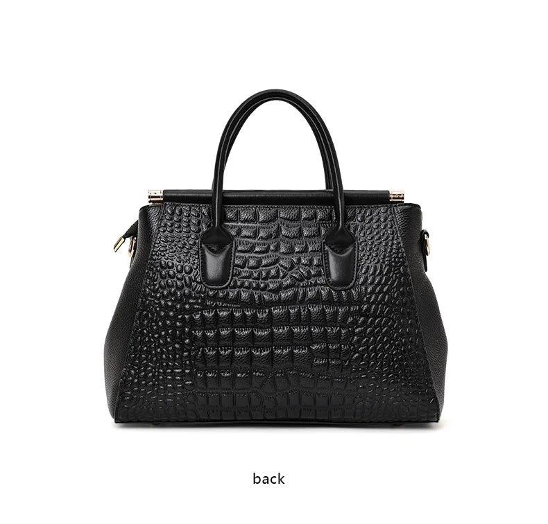 Classic Black Croc Print Cow Leather Handbag Ladies Metal Twist Lock Tote Bag With Detachable Crossbody Shoulder Strap-18