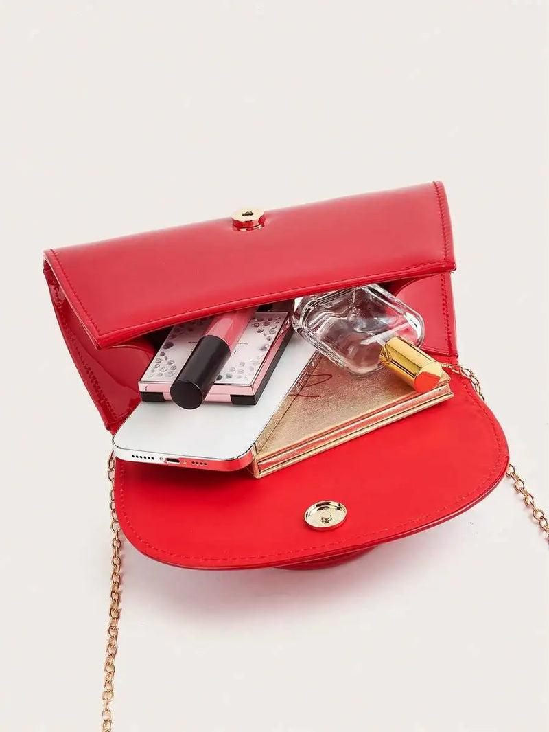 Red Patent Leather Flap Handbag With Chain Strap For Evening Party-5