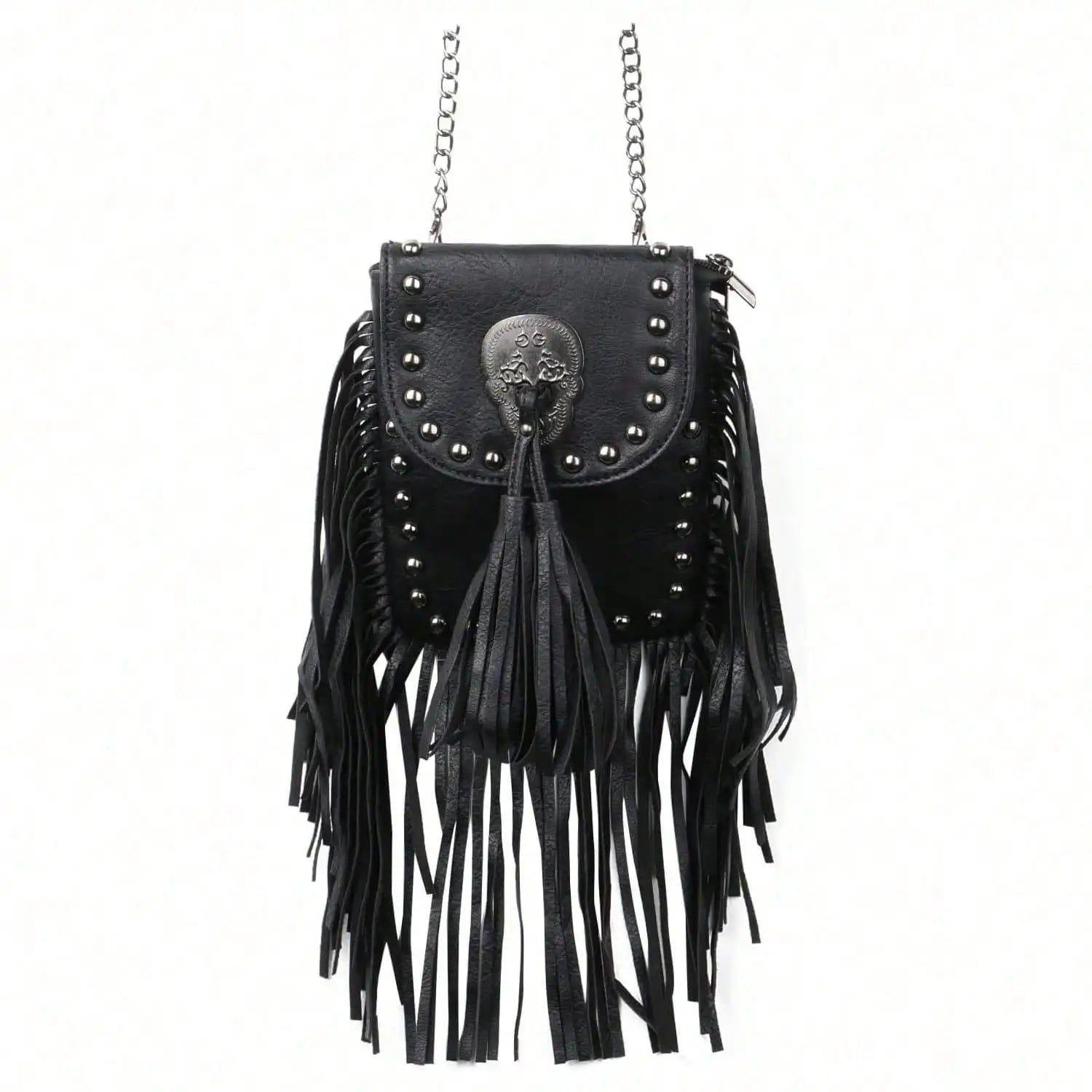 Gothic Punk Leather Skull Fringe Purses for Women Black Tassel Shoulder Crossbody Bag Unique Handbag with Skull Detailing-1