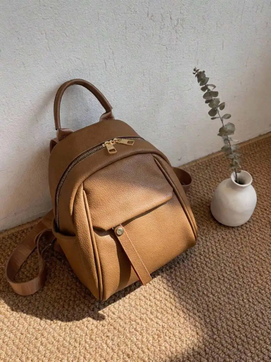 Womens Small PU Leather Backpack With Zipper Closure Top Handle Multi Pocket Daily Travel Bag-9