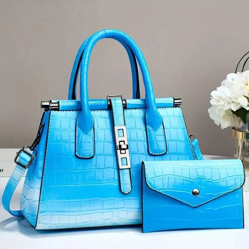 Gradient Purple Pink Crocodile Pattern Women Handbag With Flap Wallet Set-5
