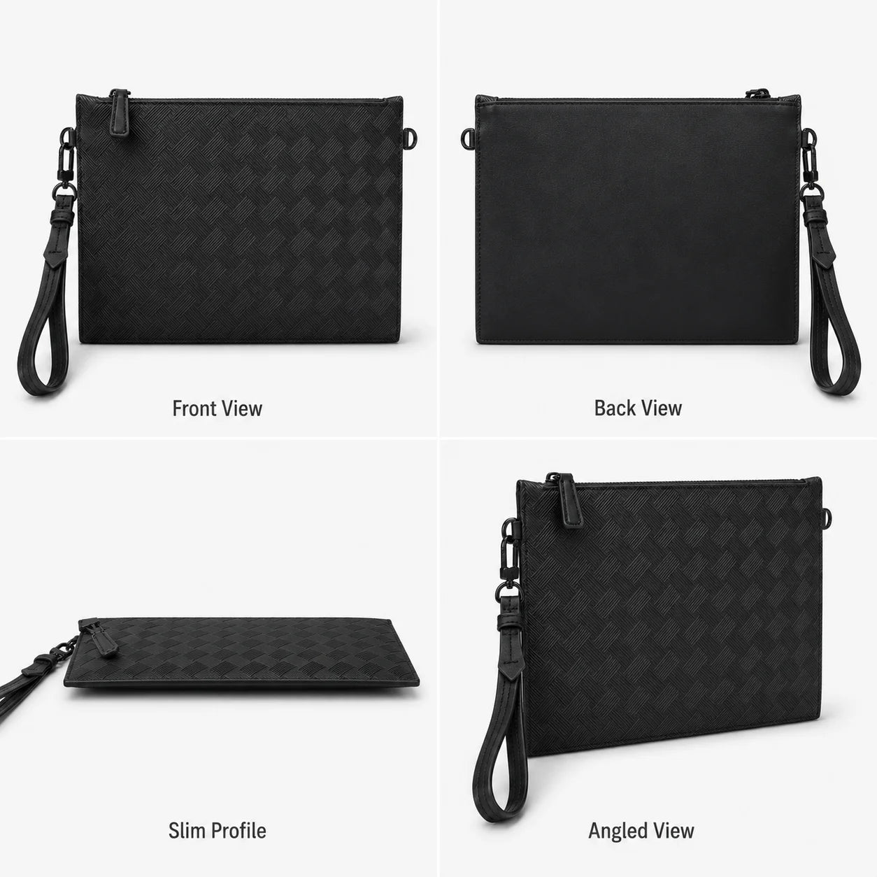 Men's Clutch Bag Luxury Designer Woven Leather Wristlet Handbag Black Business Envelope Purse Large Capacity Zipper Premium Hand Bag For Man Daily & Office Use