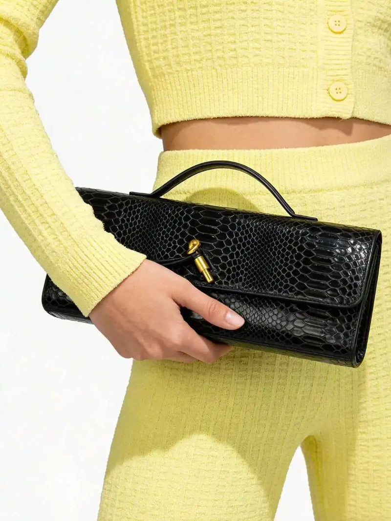 Elegant Top Handle Clutch Bag With Serpentine Pattern And Gold Tone Hardware-3