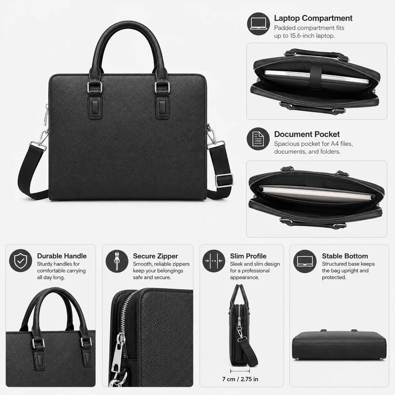 Classic Mens Top Handle Bags Luxury Business Black Briefcase for Men Daily Office Work Handbags Genuine Leather Travel Messenger Bags-8