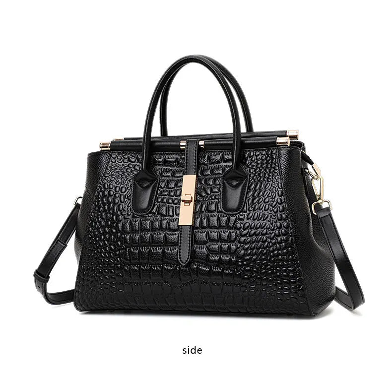 Classic Black Croc Print Cow Leather Handbag Ladies Metal Twist Lock Tote Bag With Detachable Crossbody Shoulder Strap-15