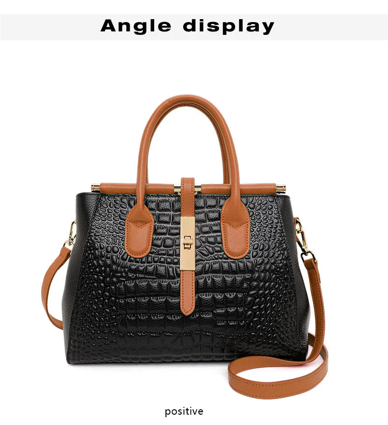 New Croc Pattern Cowhide Tote Bag Women Brown Contrast Handle Metal Lock Adjustable Crossbody Daily Handbag-13