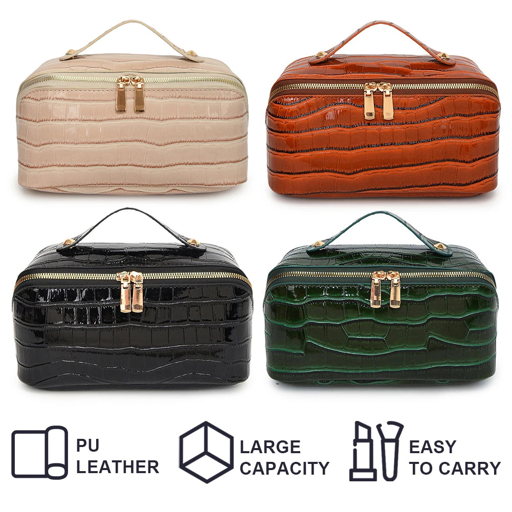 PU Leather Makeup Bag Simple Cosmetic Bag Multi-Compartment Travel Toiletry Bag Makeup Organizer Bag Women Cosmetics Handbag-12