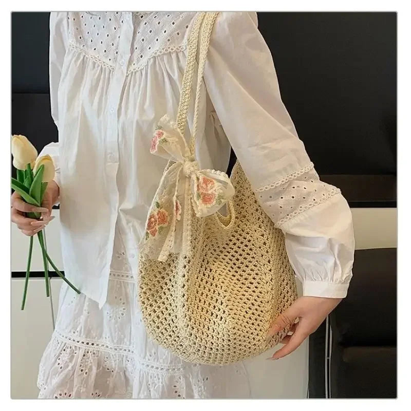 Handmade Wicker Tote Bag Large Capacity Single Shoulder Natural Rattan Casual Light Beach Vacation Daily Women Messenger Bag-22