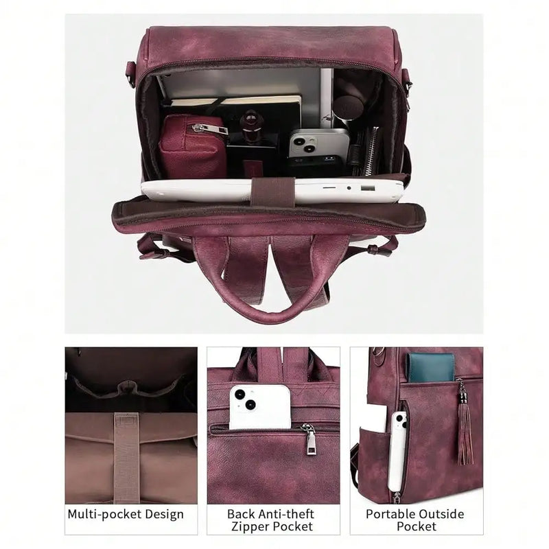 Leather Laptop Backpack For Women Designer 15.6 Inch PU Laptop Bag, Ladies Travel Computer Work Backpack Brown-9