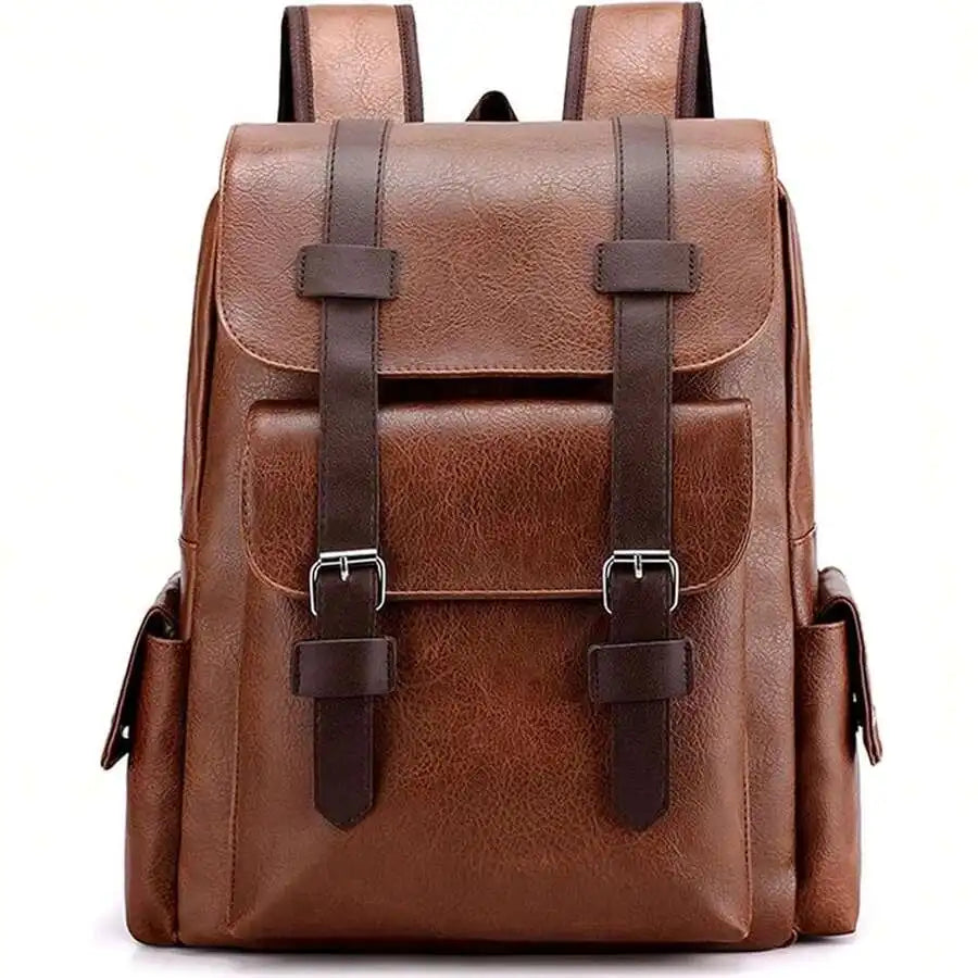 PU Leather Backpack For Men And Women 15.6 Inch Laptop Waterproof Travel Commuter Bag Brown Medium
